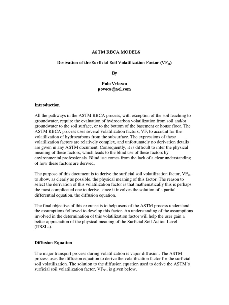 Derivation of ASTM RBCA Surficial Volatilization Factor | PDF ...