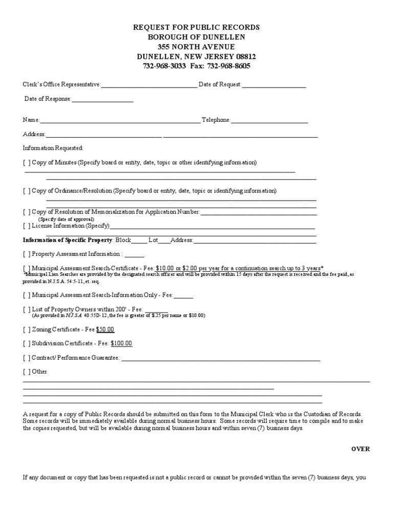 Dunellen OPRA Request Form PDF Employment Virtue