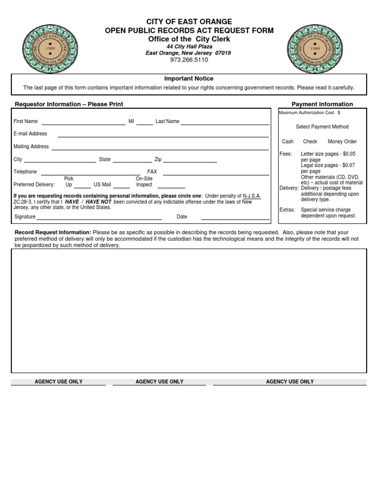 East Orange OPRA Request Form | Online Safety & Privacy | Computer Security