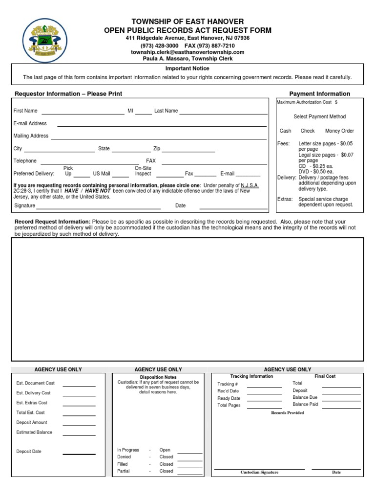East Hanover OPRA Request Form | PDF | Discovery (Law) | Computer Security