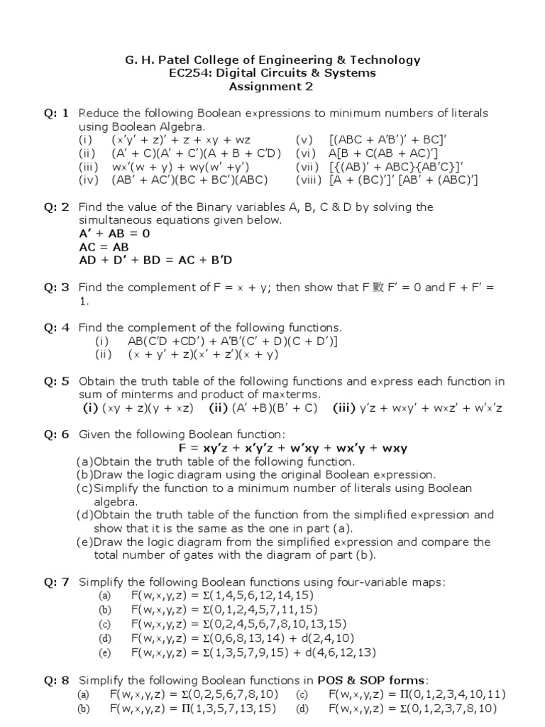 Assignment 2 | Boolean Algebra | Mathematical Logic