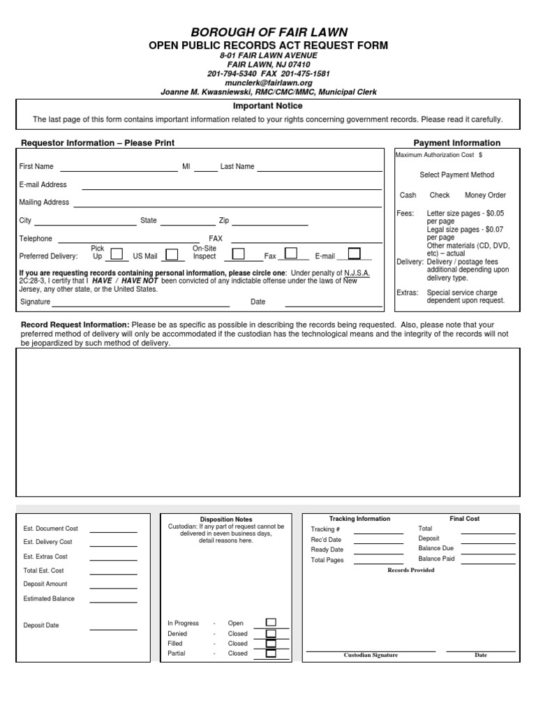 Fair Lawn OPRA Request Form PDF Discovery (Law) Computer Security