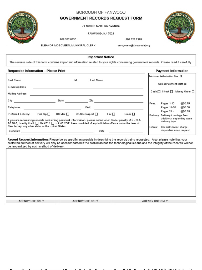 Fanwood OPRA Request Form Online Safety & Privacy Computer Security