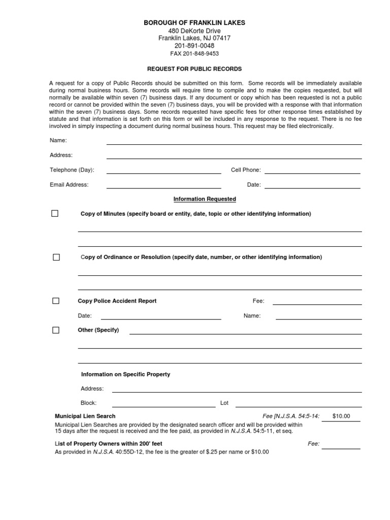 Franklin Lakes OPRA Request Form PDF Government Government