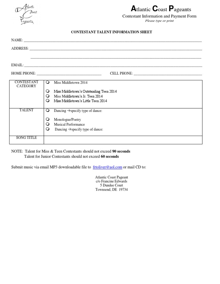 Pageant Contestant Form | PDF | Business | Finance & Money Management