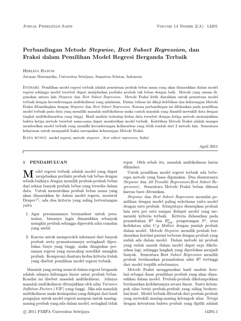Perbandingan Metode Stepwise, Best Subset Regression, Dan Fraksi Dalam ...