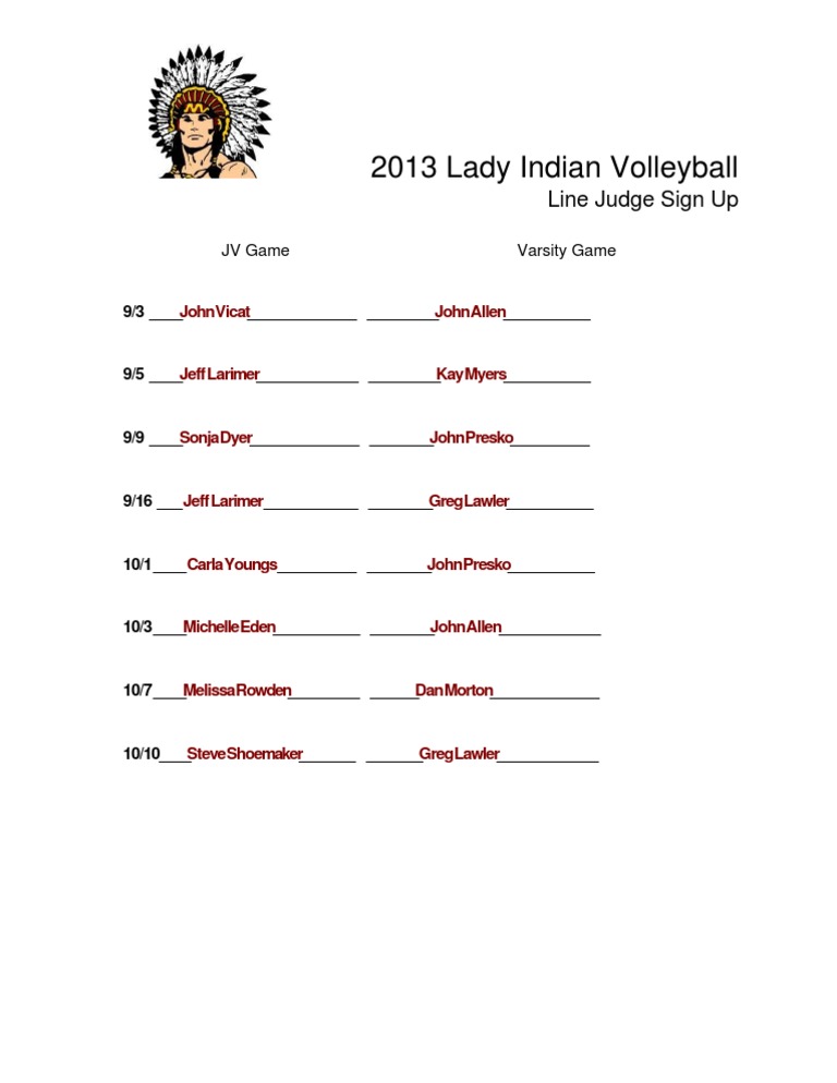 2013 Lady Indian Volleyball Line Judges | PDF