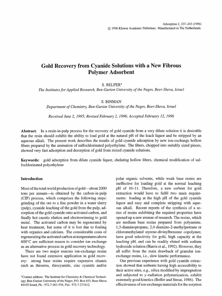 Gold Recovery From Cyanide Solutions With A New Fibrous Polymer ...