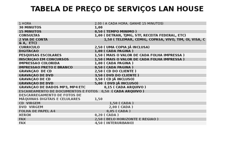 TABELA DE PREÇO DE SERVIÇOS LAN HOUSE