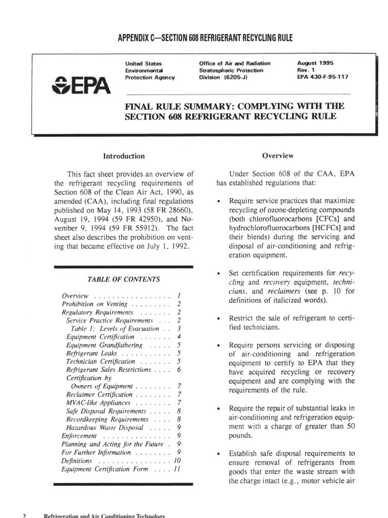 Appendix C Section 608 Refrigerant Recycling Rule PDF