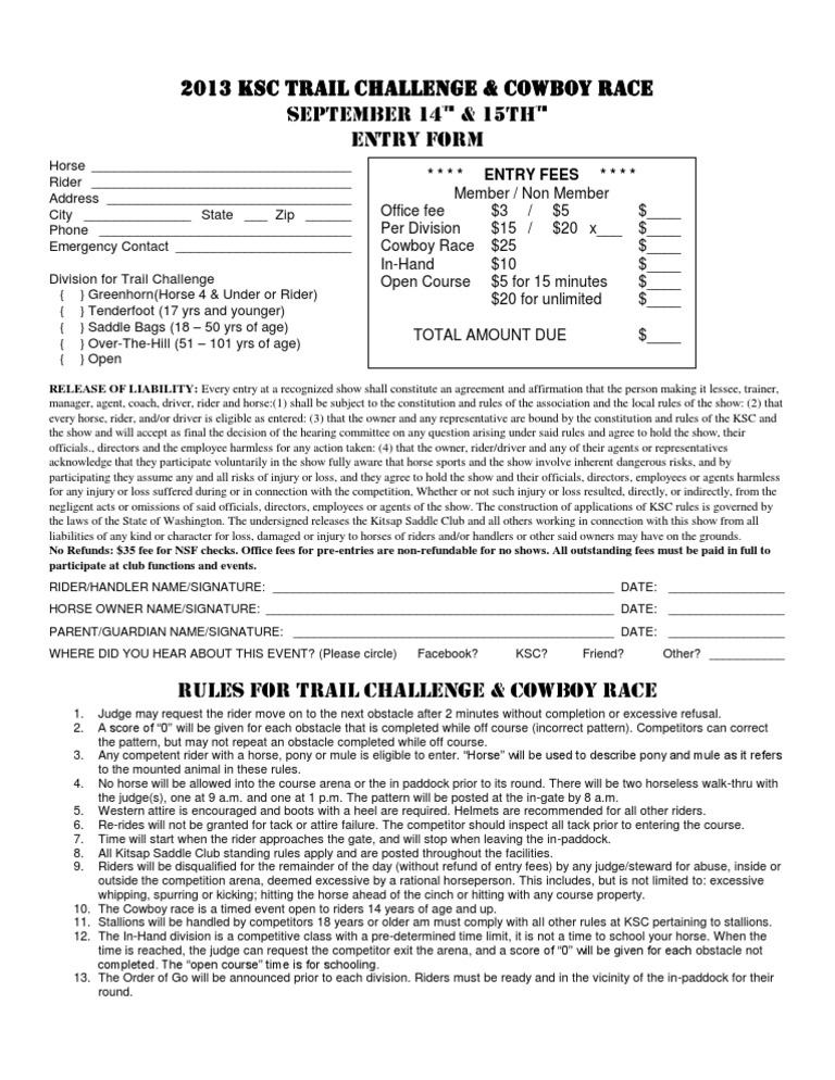 2013 KSC Trail Challenge Entry Form | PDF | Horses | Justice
