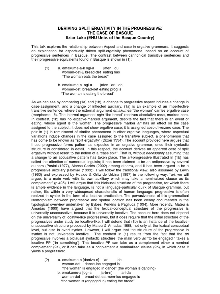 Deriving Split Ergativity in The Progressive: The Case of Basque Itziar ...