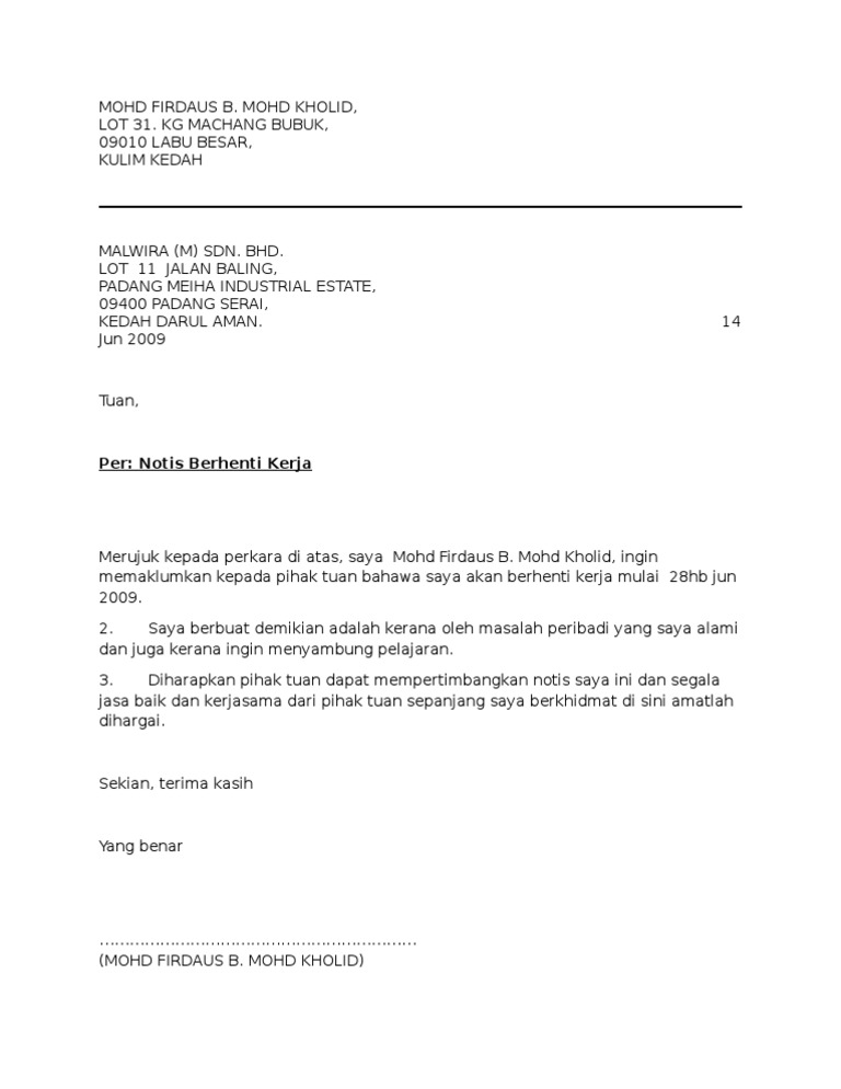 Contoh Surat Berhenti Kerja 2 Minggu - Gudang Surat