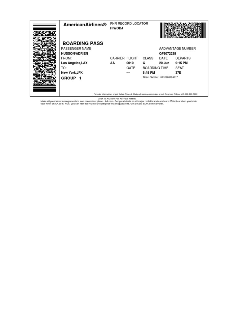Americanairlines® Pnr Record Locator Hiwodj Boarding Pass Passenger