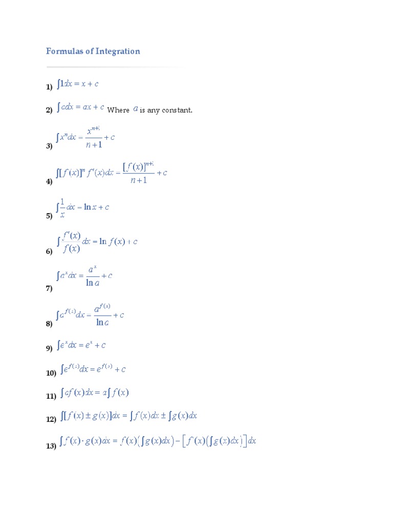 Formulas of Integration: 1) 2) Where Is Any Constant | PDF