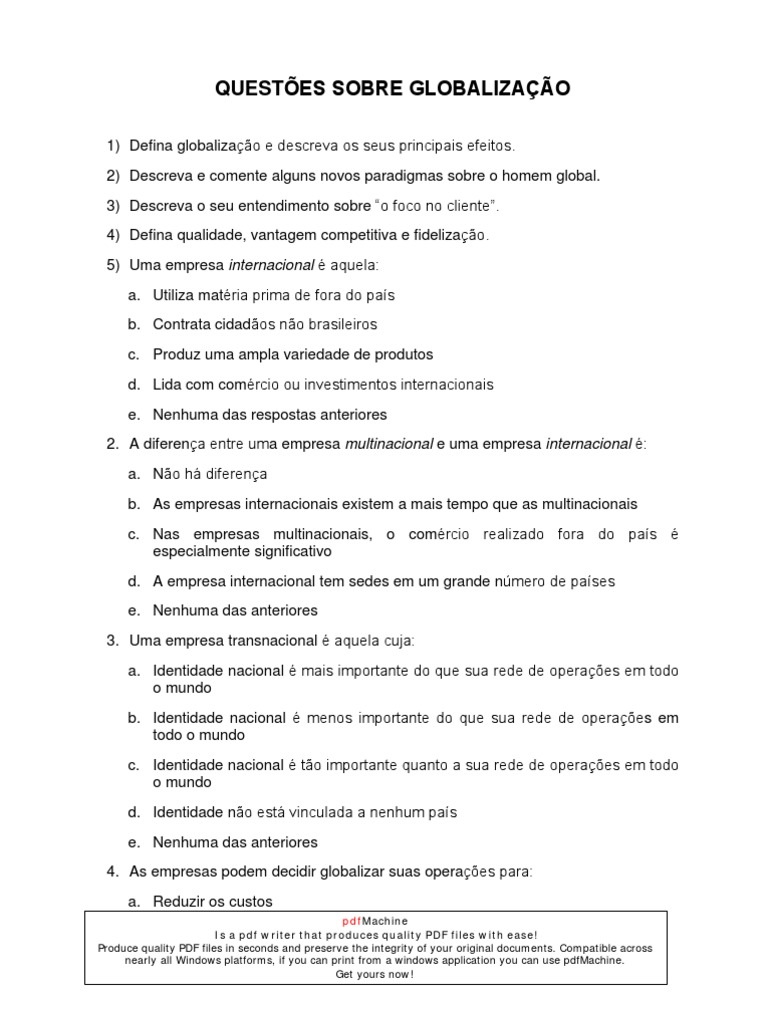Questões sobre Globalização para 9º Ano | PDF | Corporação ...