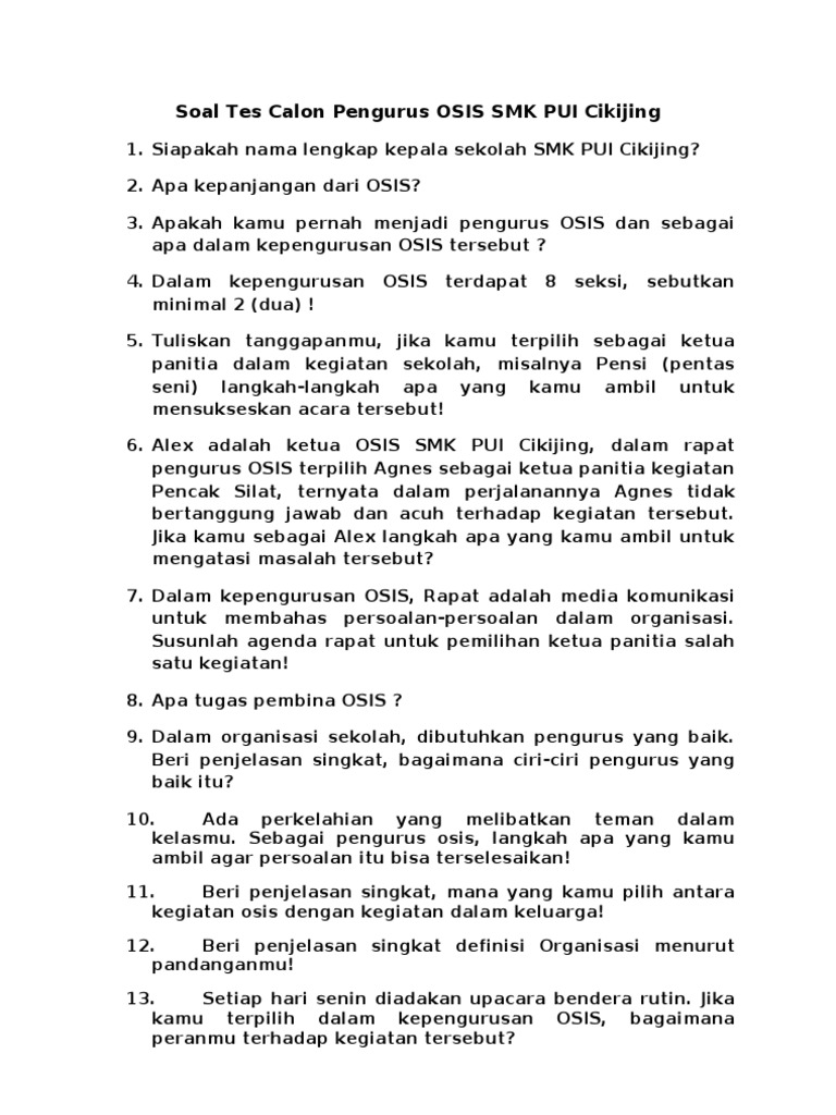 Contoh Soal Tes Tertulis Osis Smp Contoh Soal Terbaru