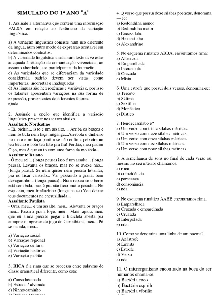 Simulado Do 1 Ano A Pronto Imprimir PDF | PDF