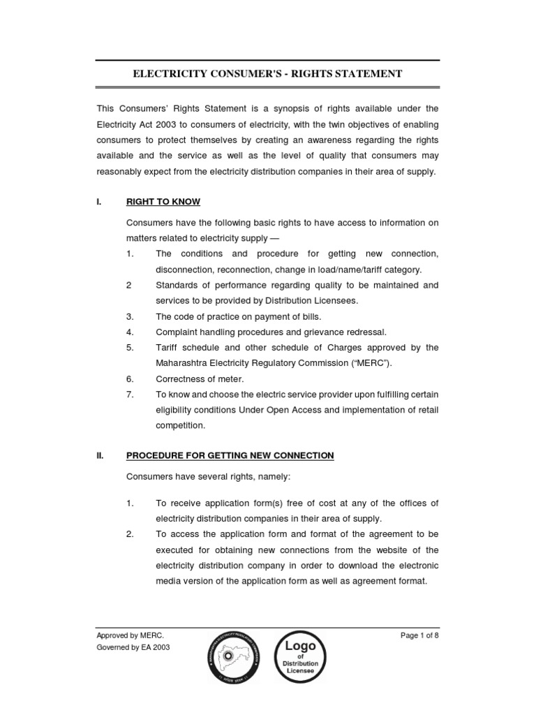 Consumer Right Statement Eng | PDF | Cheque | Electric Power Distribution