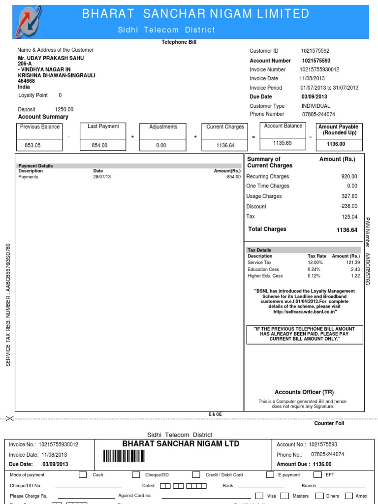 Bill Landline Payments Invoice