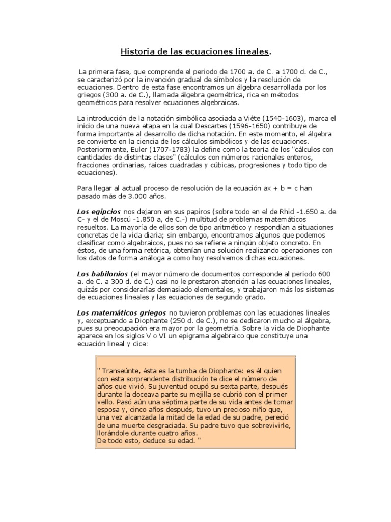 Historia de Las Ecuaciones Lineales Ecuaciones Álgebra
