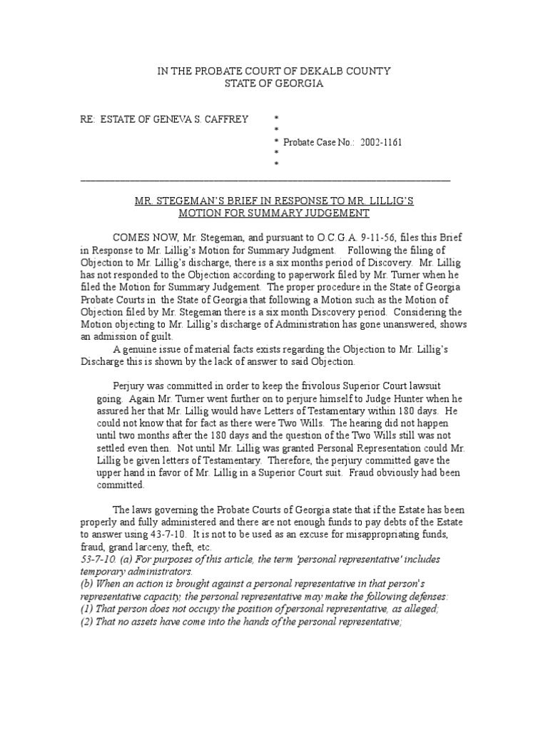 Response To Motion For Summary Judgment | PDF | Fiduciary | Will And ...
