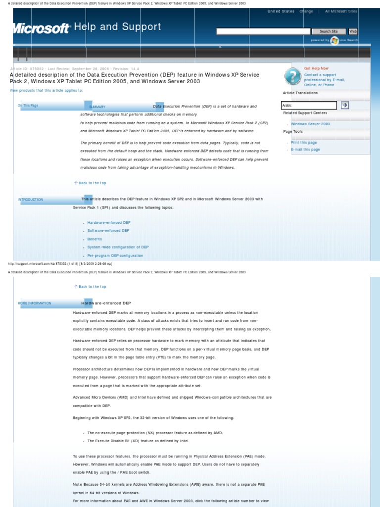 Data Execution Prevention | Microsoft Windows | Windows Xp