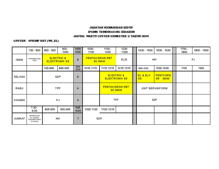 Jadwal Opsi Semester 2 4PISMP RBT | PDF