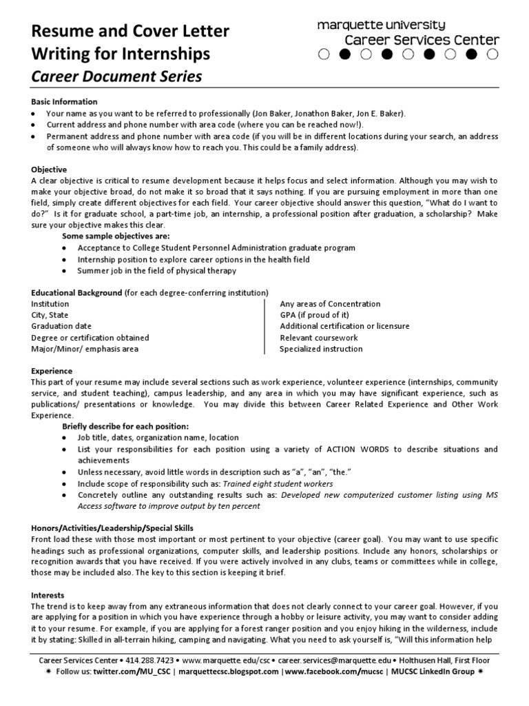 Resume and Cover Letter Writing For Internships: Career Document Series ...