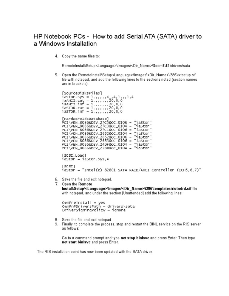 SATA Driver Setup for HP Notebooks | PDF