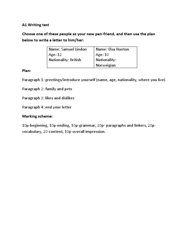 A1 Writing Test