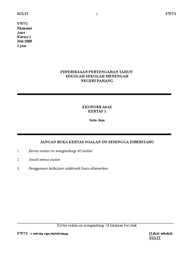 Contoh Soalan Ekonomi Kertas 1 Tingkatan 4