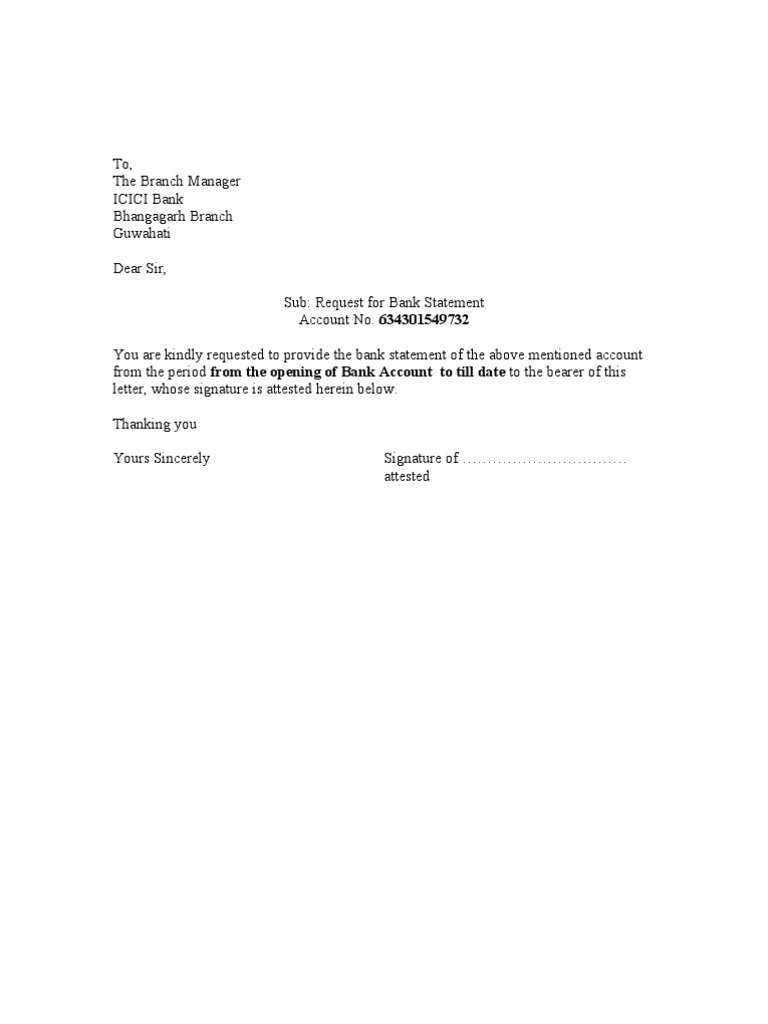 sample application letter for bank statement