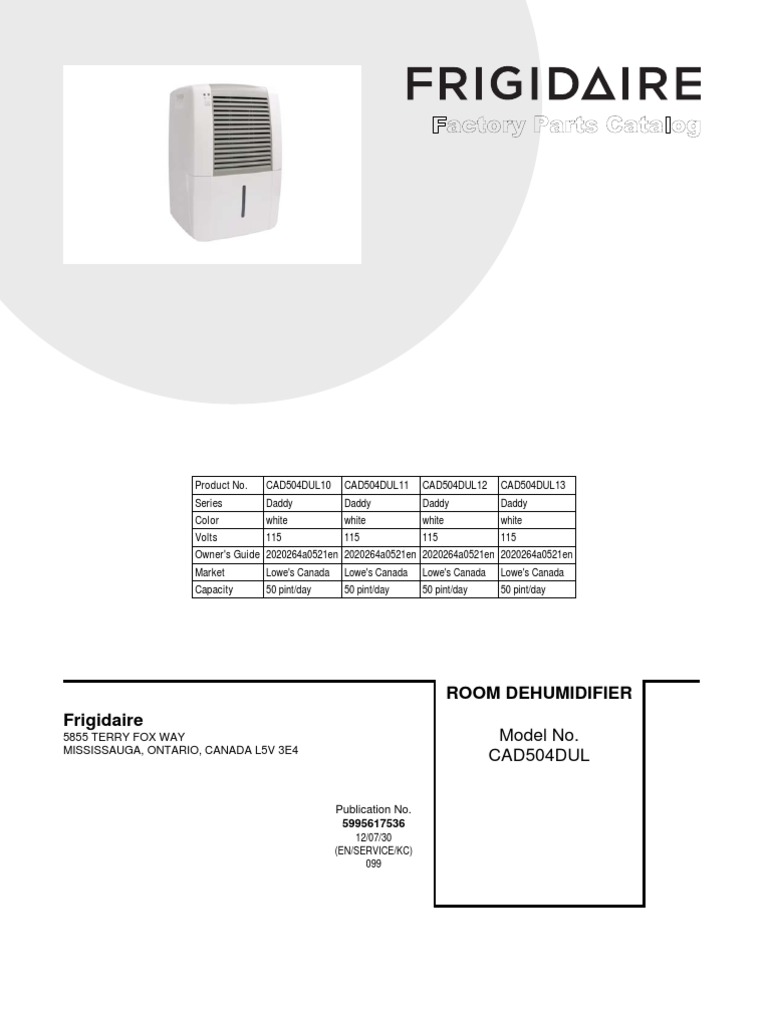 Frigidaire Dehumidifier CAD504DUL13 Parts Catalogue PDF