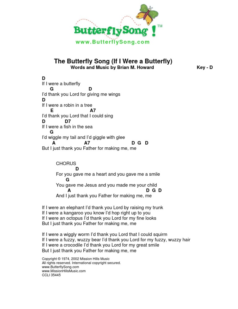 Butterfly Song Chords Lyrics If I Were A Butterfly Organisms