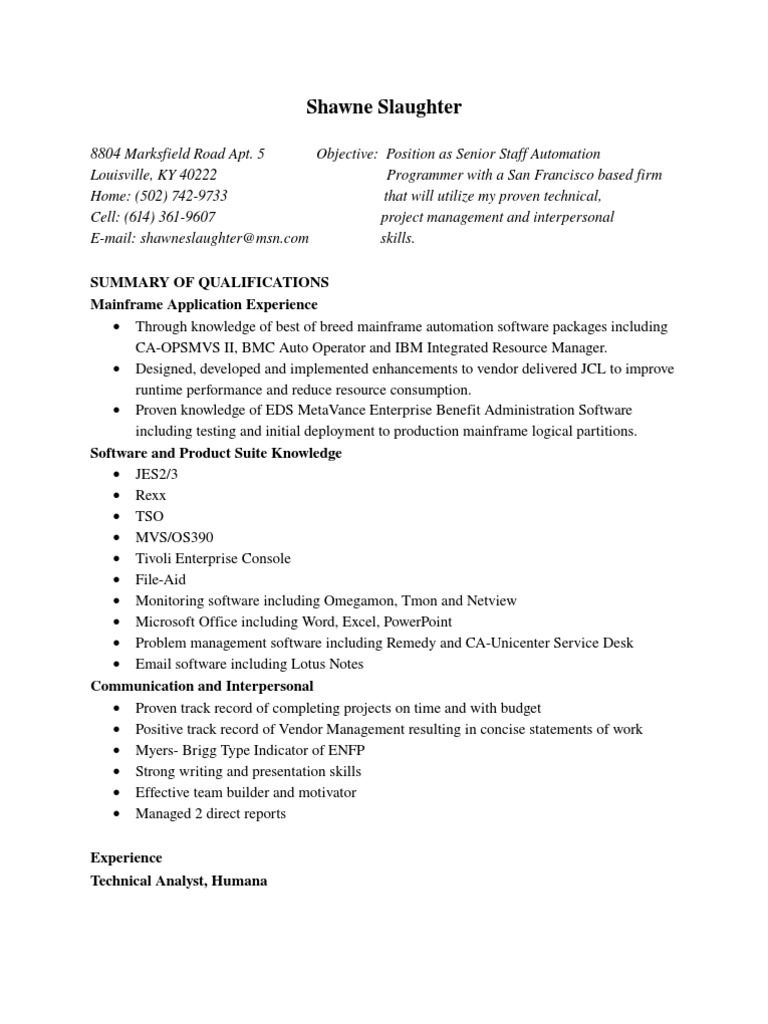 Senior Staff Automation Programmer Resume | PDF | Mainframe Computer ...