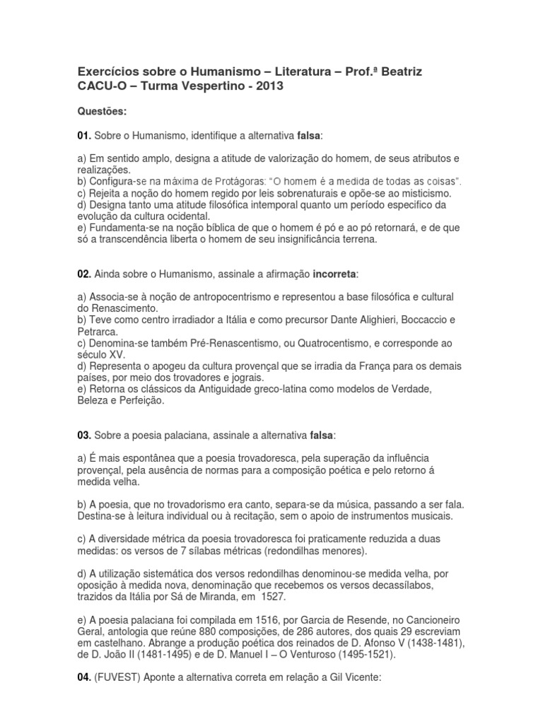 Exercícios Humanismo - Literatura - Beatriz | PDF | Renascimento | Sonetos