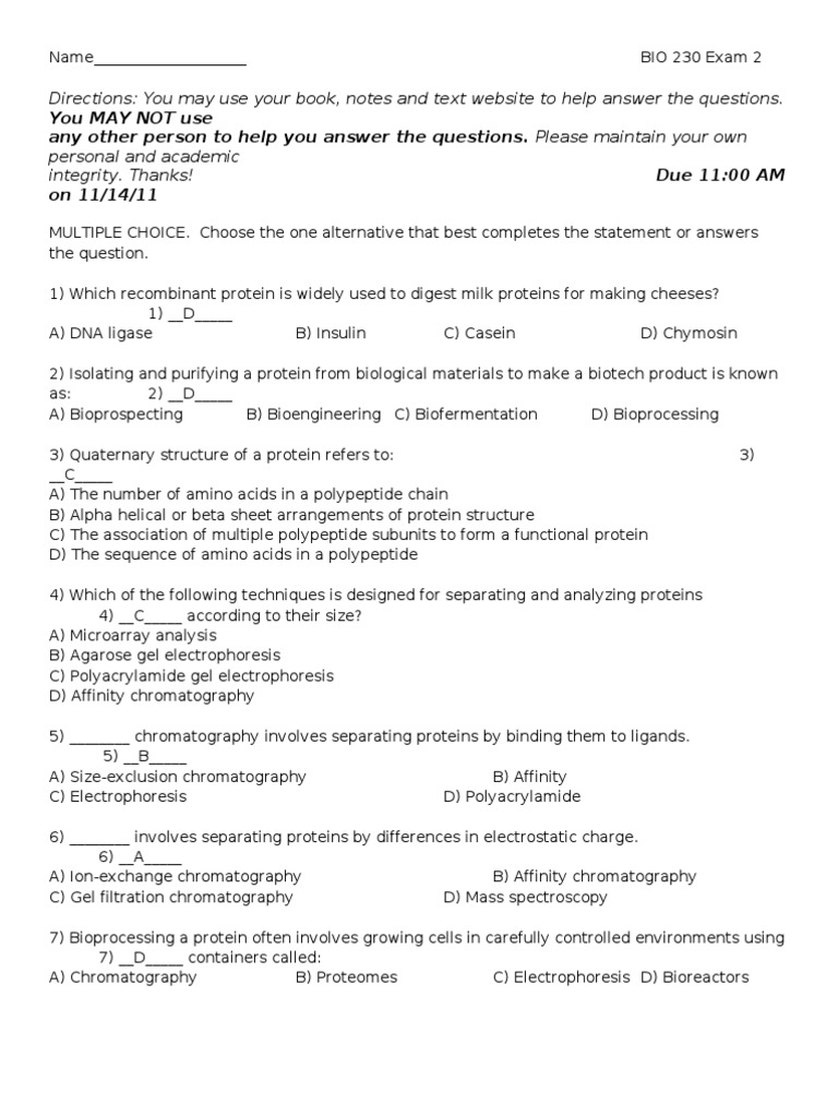 Biotechnology Practice Exam 2 Gel Electrophoresis Transgene