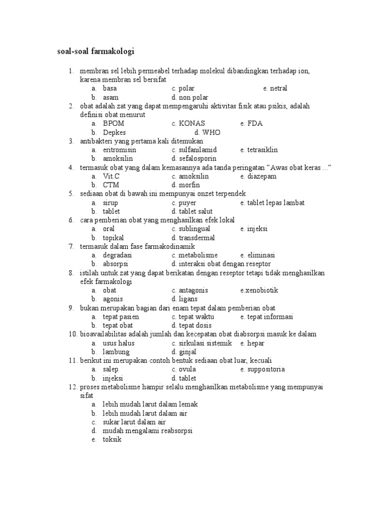 Soal Farmakologi Kelas Xi