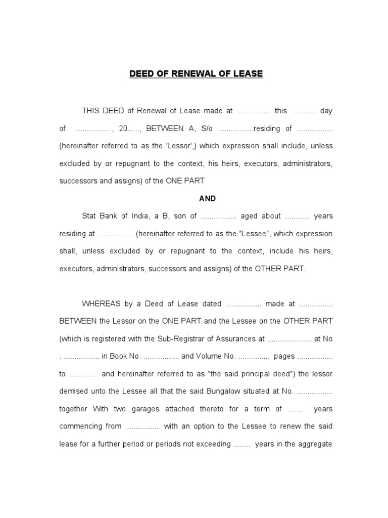 Deed of Renewal of Lease PDF Lease Property