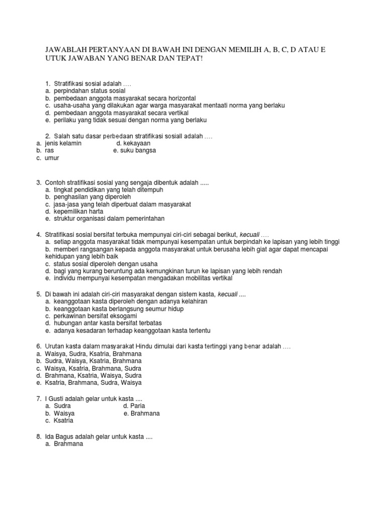 Contoh Soal Stratifikasi Sosial Beserta Jawabannya