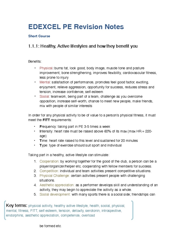 IGCSE PE Revision Notes Physical Fitness Physical Exercise