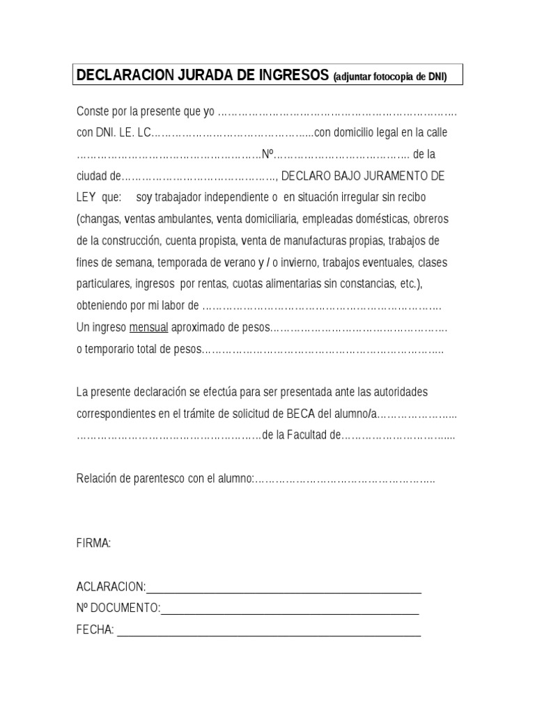 Declaracion Jurada de Ingresos (Economicos) Venezuela | PDF