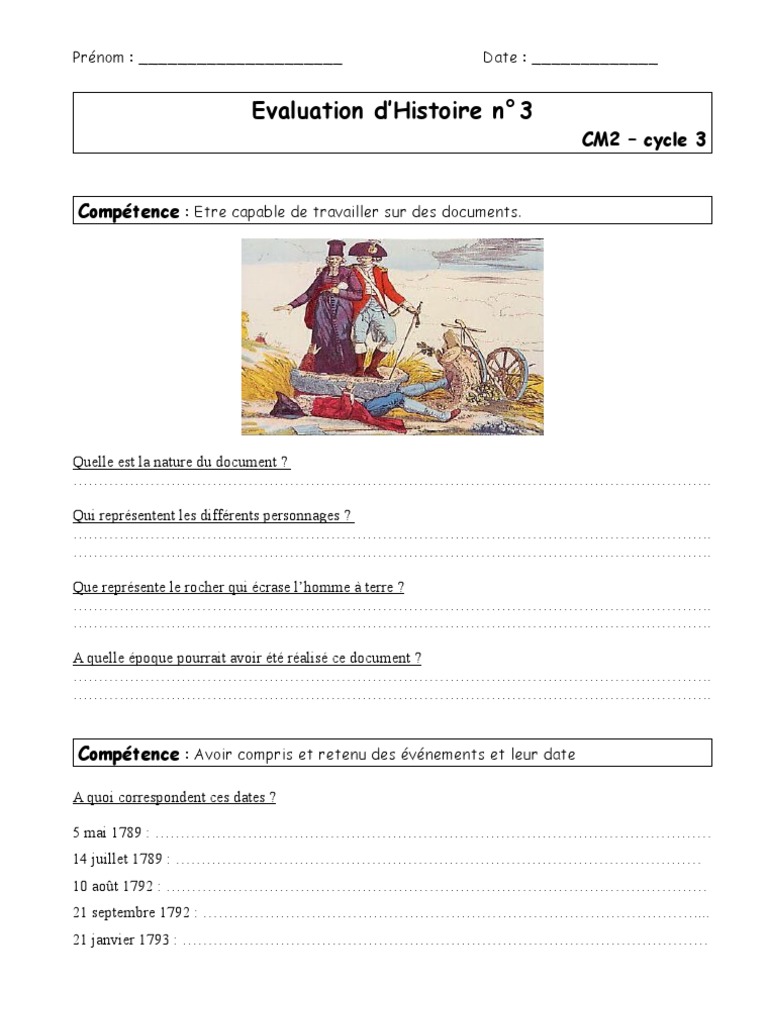 Evaluation Sur La Révolution Française Cm2 Avec Correction