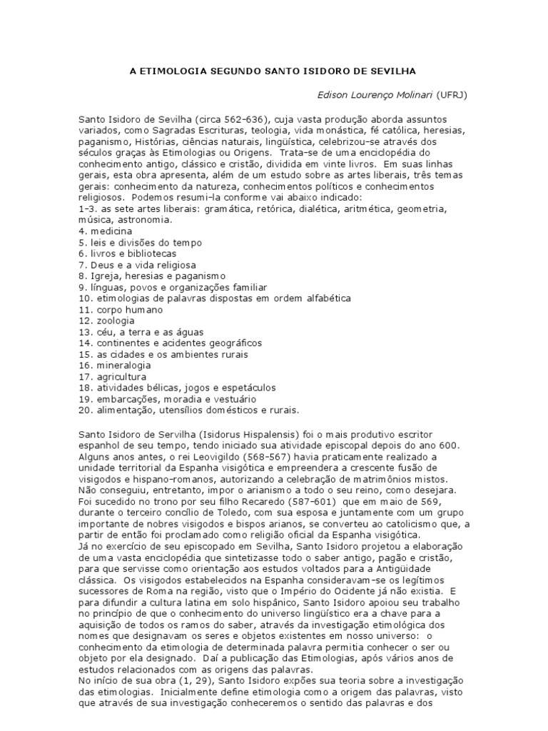 Etimologia em Santo Isidoro de Sevilha | PDF | Santo | Idiomas