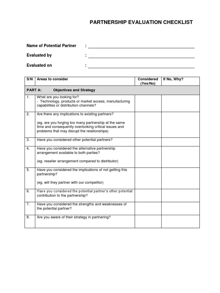 Partnership Evaluation Checklist | PDF | Partnership | Competition
