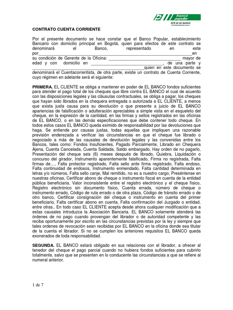 CONTRATO DE CUENTA CORRIENTE Cheque Bancos