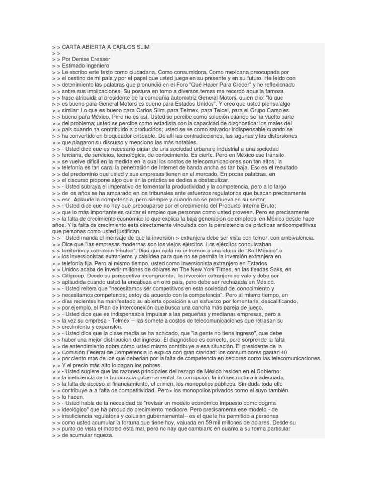 Carta Abierta a Carlos Slim Ejemplo Mexico Monopoly