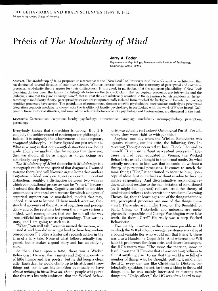 Jerry Fodor - 1985 - Precis of The Modularity of Mind | PDF ...