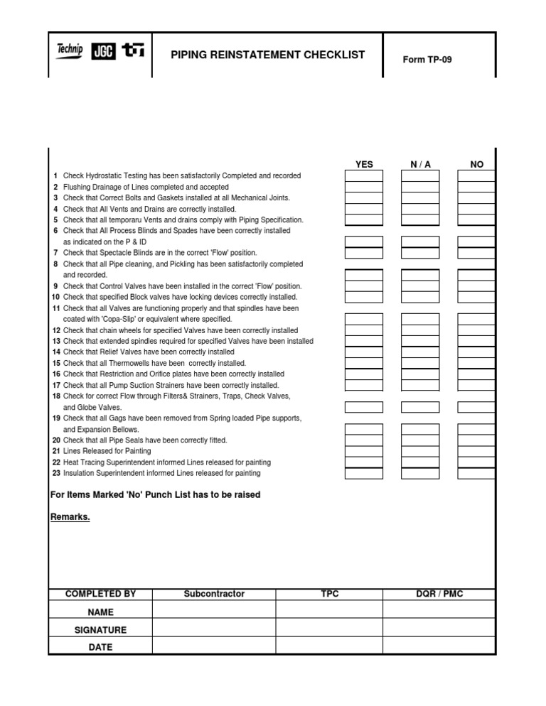QCF301 TP11 Reinstatement Checklist
